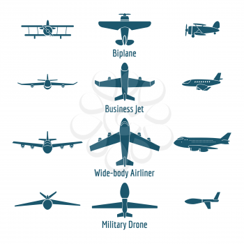 Different airplanes types. Retro plane and business jet, passenger plane and military drone. Vector illustration