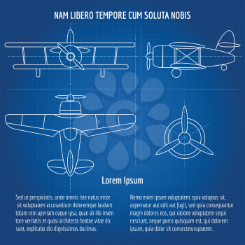 Plane blueprint image Drawing airplane draft with text on dark blue background. Vector illustration