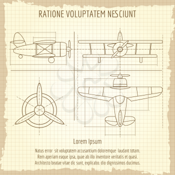 Aircraft retro drawing. Plane vintage blueprint, vector retro drawing