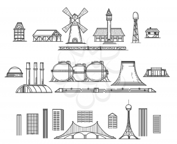 Industry hand drawn items. Architectural objects and industrial facilities. Vector illustration