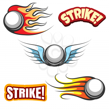Bowling ball icons. Vector bowling ball with wings and the word strike