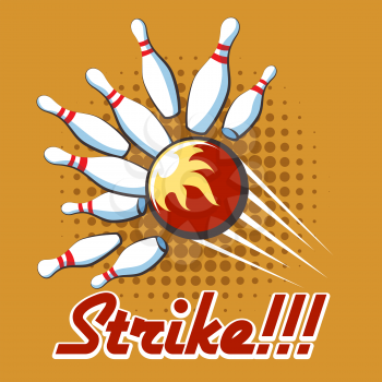 Bowling strike retro poster. Pop art bowling strike label, Vector illustration