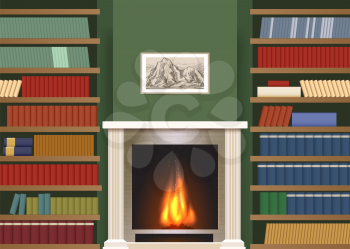 Classic interior with book shelves. Living room with bookshelves and fireplace vector illustration