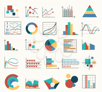 Diagrams flat icons and graphs color images. Vector illustration