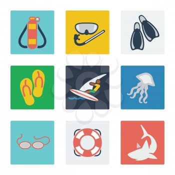 Summer vacation flat icons set with flip flop surfing glass diving elements vector