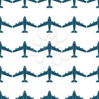 Seamless pattern with blue airplanes on white background. Vector illustration