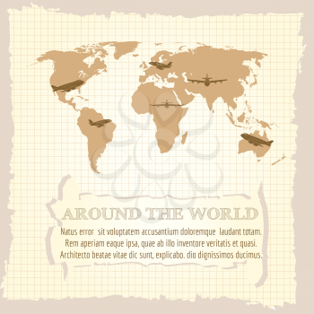 Vintage world map airplanes and text around on notebook page. Vector illustration