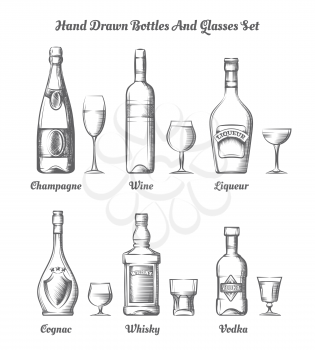 Different types of alcohol hand drawn bottles and glasses vector illustration