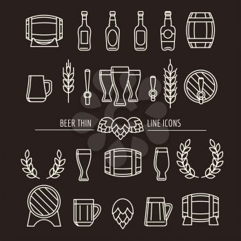 Beer thin line icons. Brewery outline signs with mug and bottle, hops and barrels. Vector illustration