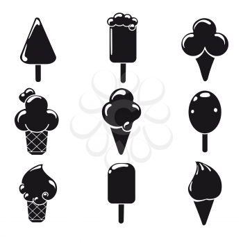 Black and white ice cream icons set isolaten on white. Vector illustration
