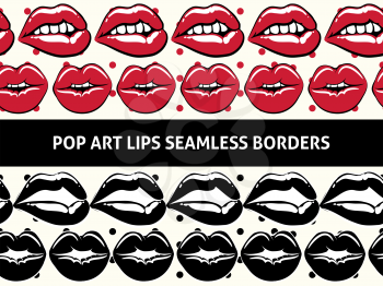 Pop art seamless borders with lips and polka dots design. Vector illustration