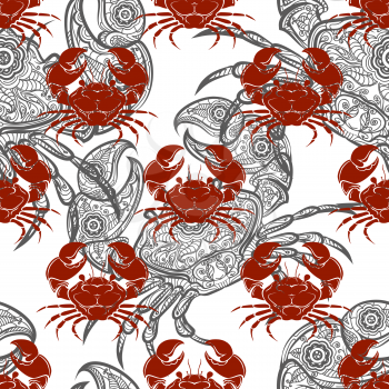 Seamless pattern with grey ornamental and red crabs. Vector illustration