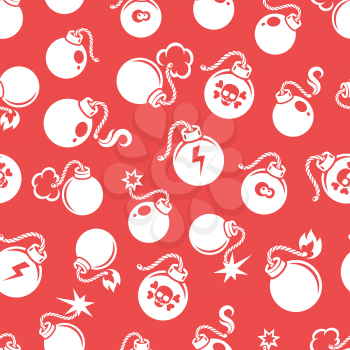 Seamless pattern with flat style bombs on red background. Vector illustration