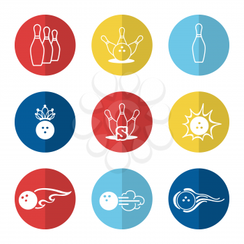 Bowling line icons set vector with ball and skittle