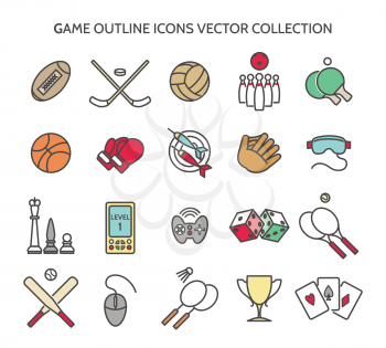 Colored icons of sports equipment and computer games. Vector collection
