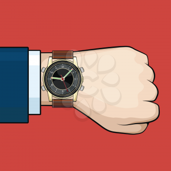 Businessman looking at watch. Business male arm with hand watch vector illustration
