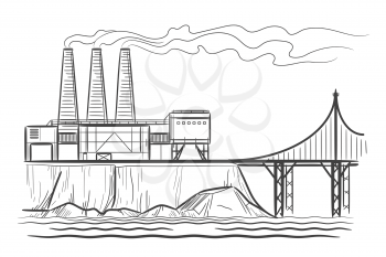 Factory industrial landscape with bridge engraving vector illustration