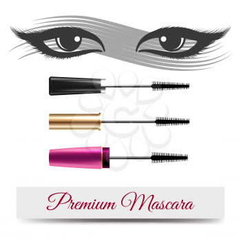 Mascara brushes presentation vector. Eyes and mascara smear and banner