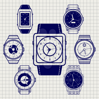 Ball pen watch icons set on notebook page. Vector illustration