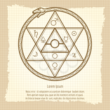 Mystical astrological sign with alchemy elements and uroboros on vintage notebook page. Vector illustration