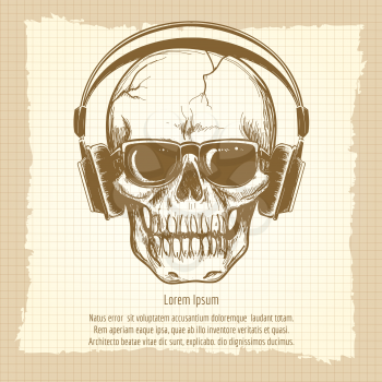 Drawing skull sketch with headphones vintage vector illustration
