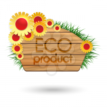 Eco product wood banner with flowers bouquet isolated on white background. Vector illustration