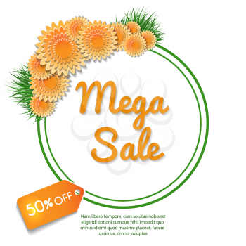 Mega sale banner with orange flowers bouquet and grass isolated on white background. Vector illustration