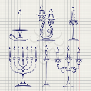 Hand drawn candles set on notebook page vector illustration