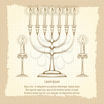 Vintage poster with hand drawn candles on notebook background. Vector illustration