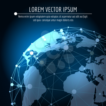 Vector global connection abstract background. Internet 3d network business globalization concept with world map