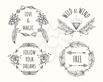 Boho tribal native style logo set with feathers, arrows and flowers native for wedding cards and prints
