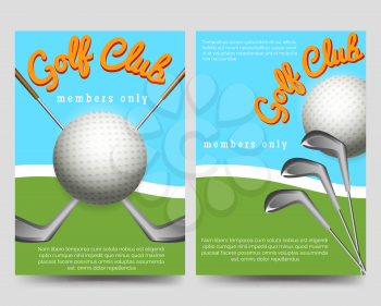 Golf club brochure flyers template vector illustration. Sport flyers with clubs and balls