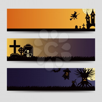 Halloween banners templates set vector. Horizontal banners with witch ghost and other halloween elements