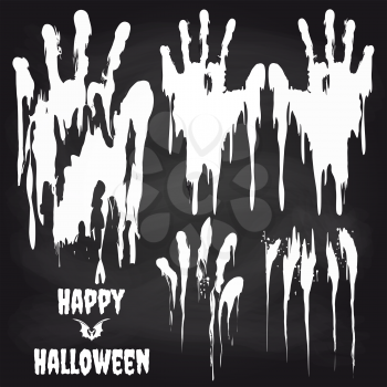 White handprints on chalkboard set. Horror halloween objects vector illustration