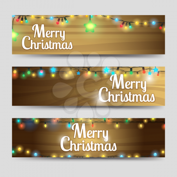 Merry christmas horizontal banners template on wood backdrop with garlands. Vector illustration