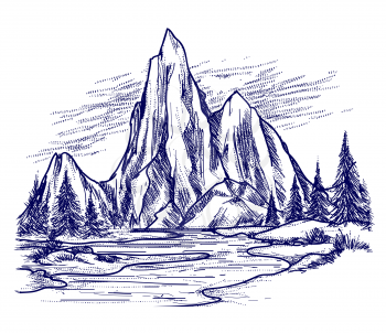 Ball pen landscape sketch on white background - sketch of river mountain and forest vector
