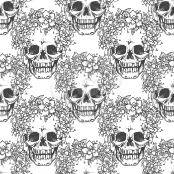 Monochromic vector skull sketch seamless pattern - romantic skull and flowers background