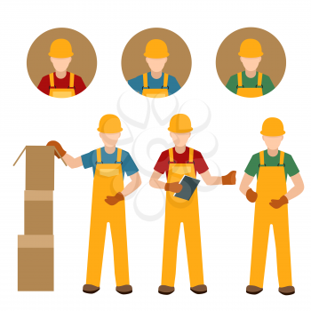 Factory people in uniform with boxes and working man icons isolated on white. Vector illustration