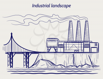 Ball pen sketch blue industrial landscape vector illustration