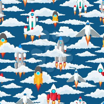Clouds and space ships seamless pattern vector illustration