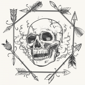 Sketch smoke skull and feather arrows frame vector design