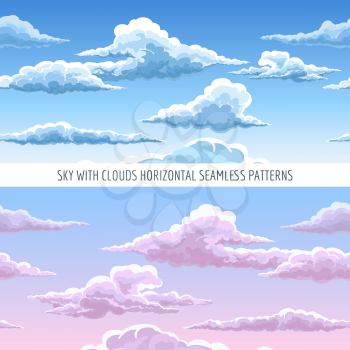 Vector blue sky with clouds horizontal seamless pattern. Cartoon heavenly clouds in the sky on sunny day background