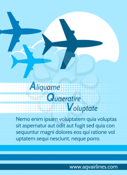 Airlines retro blue poster with text and airplanes. Vector illustration