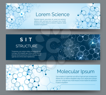 Molecular structure horizontal banners. Science, medical or chemistry atom model abstract vector background