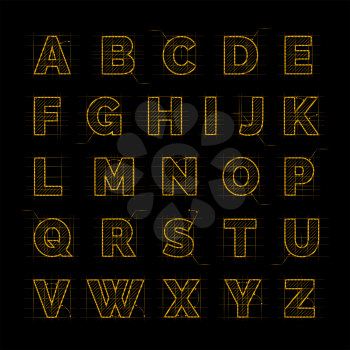 Golden font on black vector illustration. Drafting paper ABC design