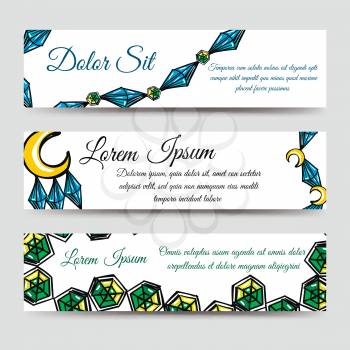 Hand drawn banners set design with diamonds and moon. Vector illustration