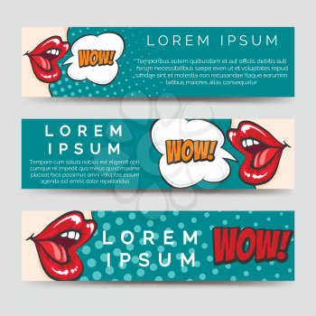 Horizontal banners template in pop art style with lips and speech bubbles. Vector illustration