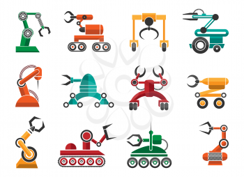 Manufacturing robotic auto hands machinery technology items isolated on white background. Industrial machine arms vector icons