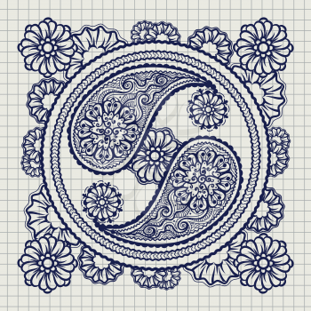 Hand drawn ornate yin-yang sign on notebook background. Vector illustration