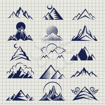 Mountain icons with clouds sun and moon on notebook background. Vector illustration